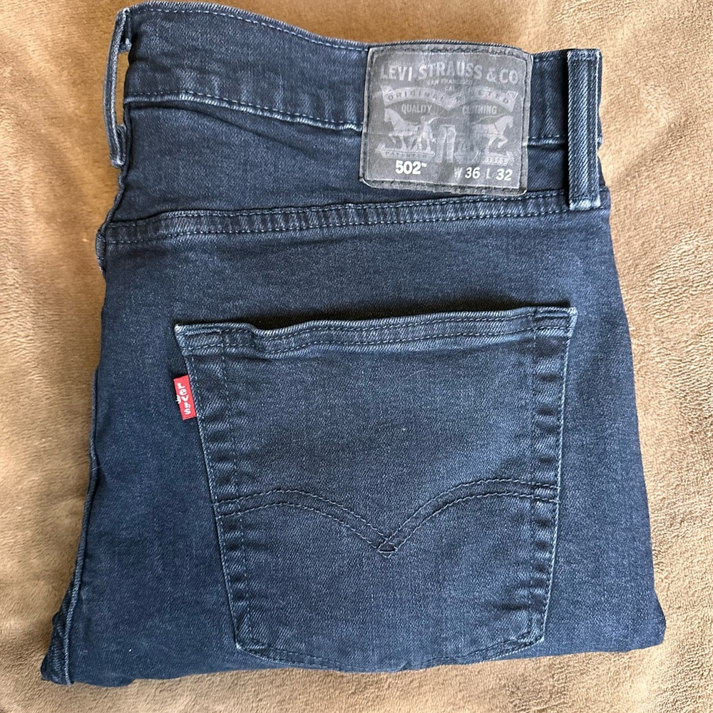 Levi’s 502 Taper Fit Jeans Men’s 36x32 Black Stretch Denim Zip Fly Stamp 4649